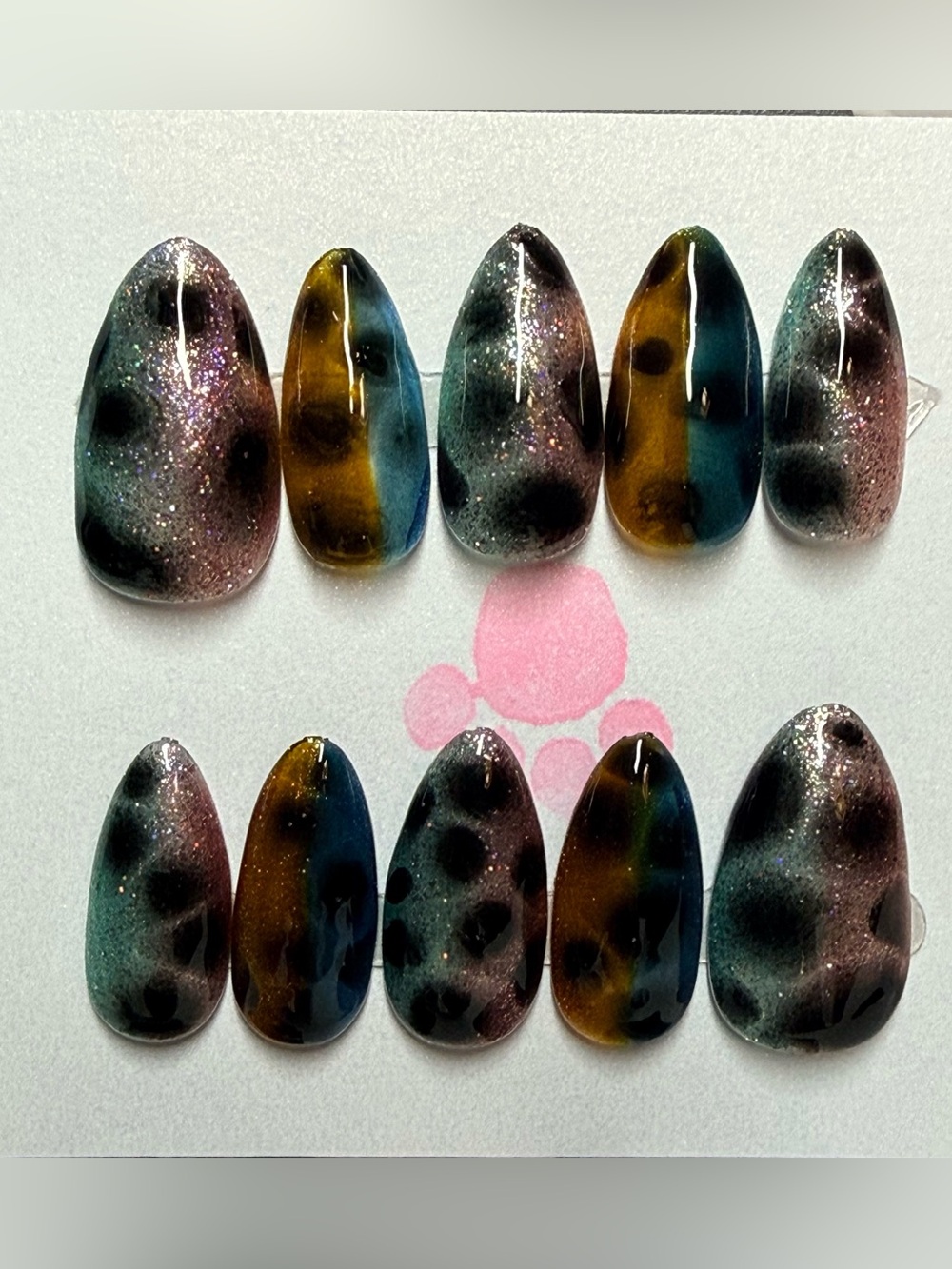 Handcrafted Multi-Color- Glitter Teal & Amber press on nails size large